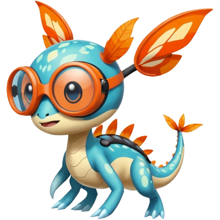 Bluish Splash-patterned emotional sparky sparky boom boom painful Meloetta-Guilmom-Salandit-Flygon-Pokémon-Fakémon-fusion-hybrid-creature with orange goggles on eyes emoji