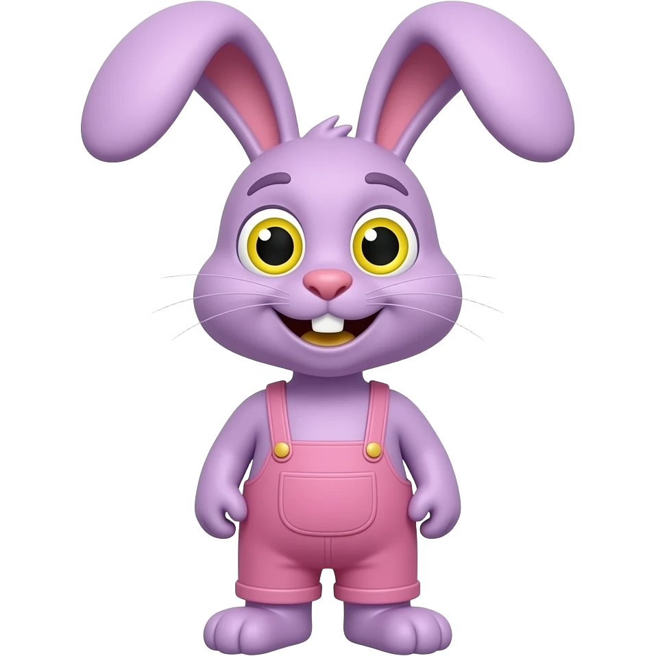 Purple cartoon bunny rabbit, with wide yellow eyes, black rectangular pupils, yellow smiles, wearing pink overalls, long thin neck emoji