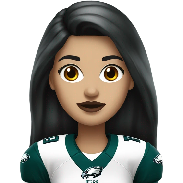 White female long dark hair red lips wearing Philadelphia Eagles jersey emoji