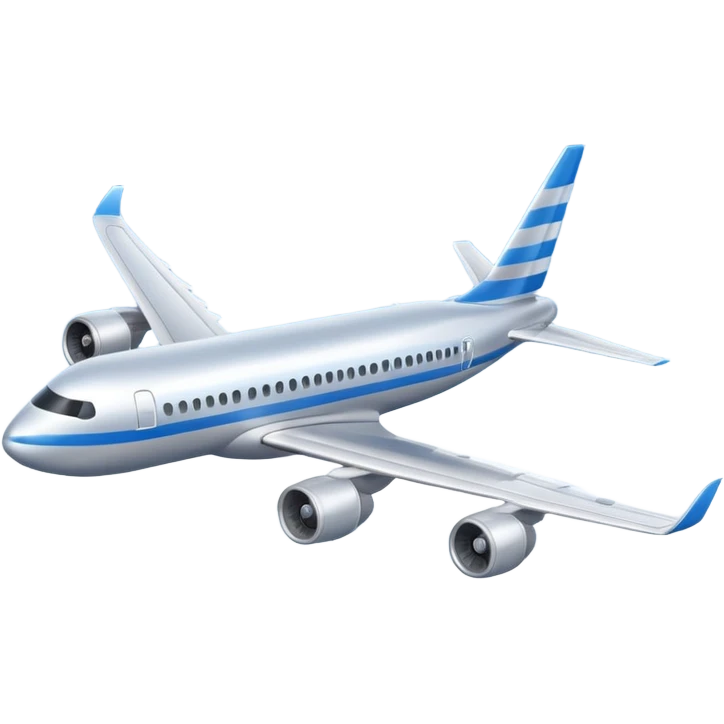 A 3D cartoon commercial airplane flying above clouds, silver body with blue stripes, smooth reflections, Memoji-style realism. emoji