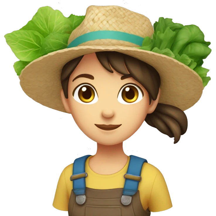 farmer girl, light blue eyes, dark brown hair, with a straw hat, ponytail, holding greens in hand emoji
