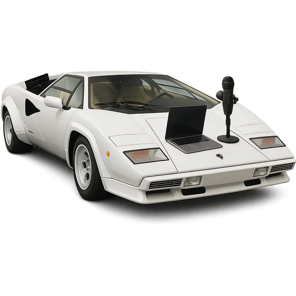 Lamborghini Countach with a laptop and recording microphone on the hood emoji