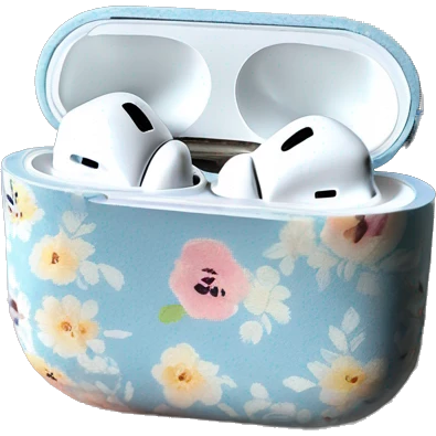 AirPods Pro in floral case with white and pastel blue roses pattern on the case emoji