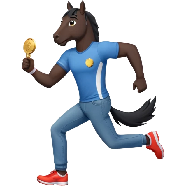 friendly anthropomorphised black stallion in jeans and a t-shirt, jogging upright in standard pose, holding a medal emoji