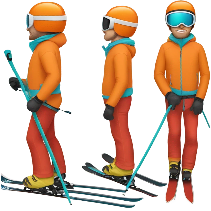 white man skiing wearing an ORANGE JACKET and wearing a RED HELMET and wearing TURQUOISE PANTS emoji