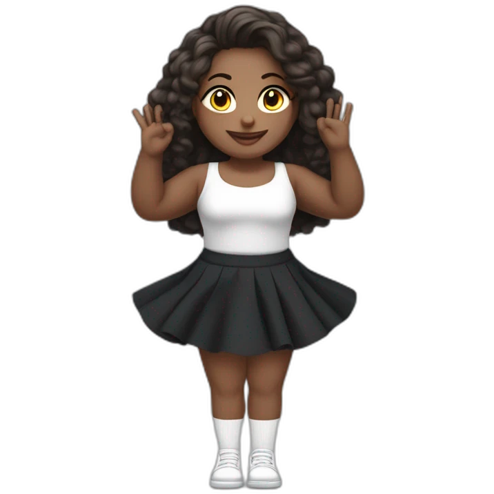 Front view full body curvy caucasian beauty sitting straight hands up black skirt white knickers white socks emoji
