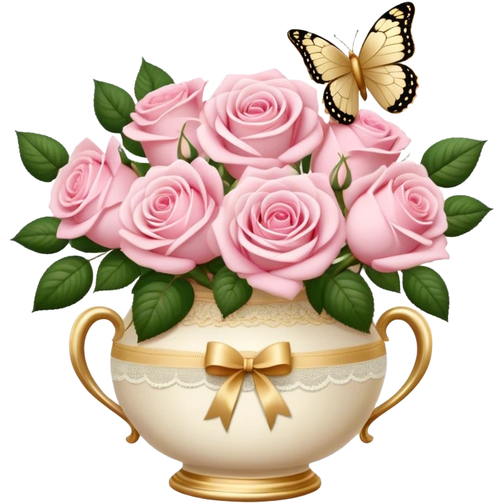 Realistic aesthetic bouquet of soft pink roses in a porcelain vase with an ivory lace ribbon and a golden butterfly emoji
