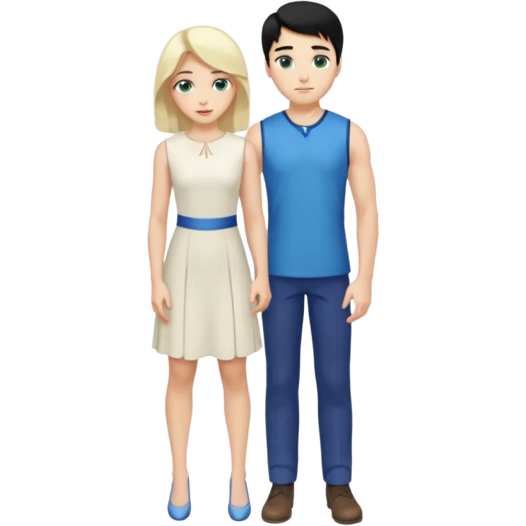 prince, standing upright, black Hair, blue eyes, garment,  woman, bending knee, white sleveless dress, blonde hair, green eyes, emoji