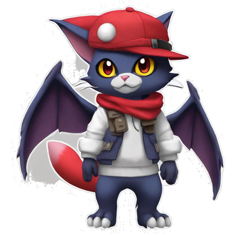 Cool Anthro Noibat-Zangoose-Quilava-Litten-Sphynx-Feline-Pokémon with red scarf collar punk techwear cool fiddler-hat Full Body emoji