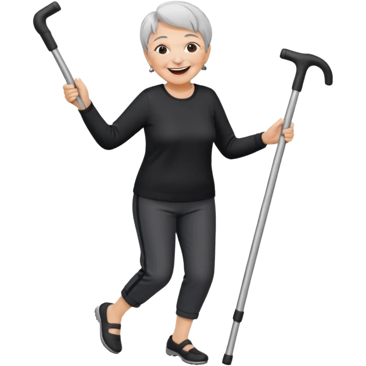 old woman with short hair, dressed with pants, laughing and dancing with crutches emoji