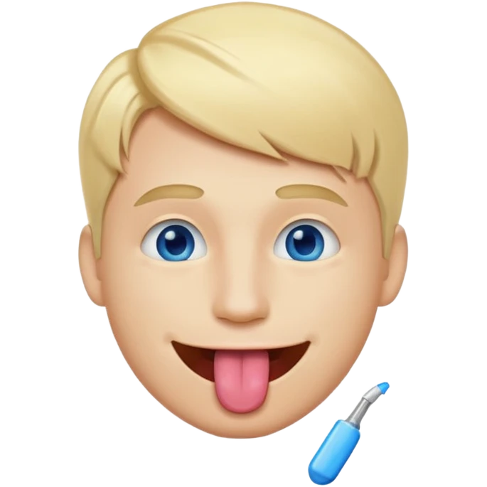 a smiley face of a man with tongue out just a little bit, blue eyes and blonde hair emoji