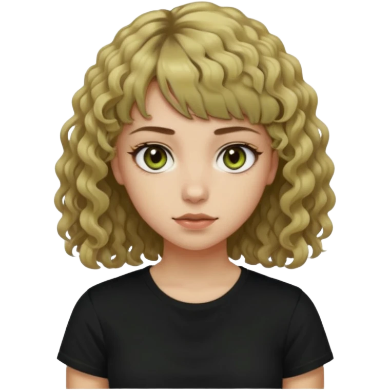 young woman wearing a black t shirt with curly dirty blonde hair, straight bangs, and hazel green & brown eyes. She is a daughter of Hades and has powers over darkness emoji