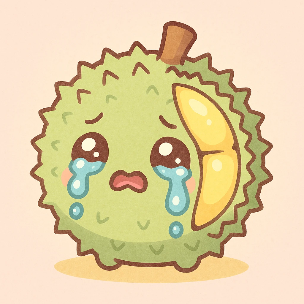adorable chibi durian, round shape, green spiky shell, yellow flesh, crying with big tears, pastel colors emoji