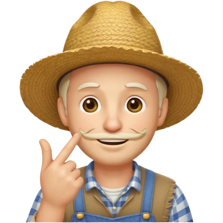 “A single emoji-style character combining 👨‍🌾😄 and 🤔: a smiling farmer man with a straw hat, friendly face, and light beard, holding one hand under his chin in a thinking gesture. His index finger rests under his face, eyes looking slightly upward as if thinking.  emoji