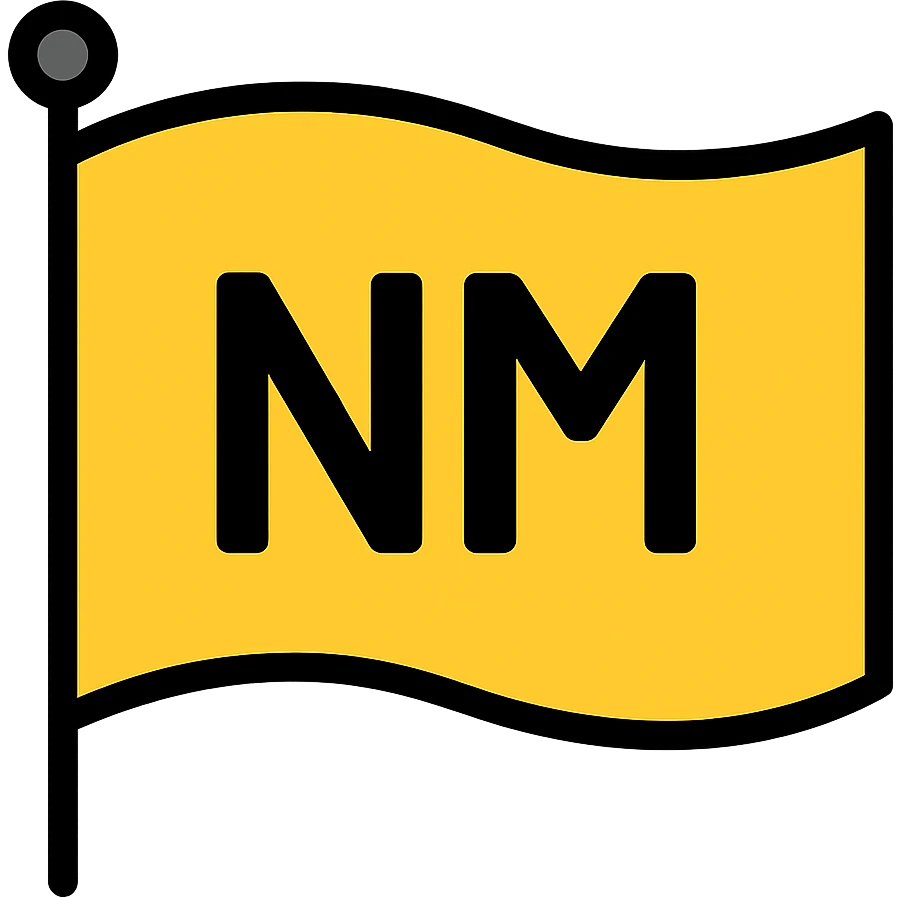 Create a flag in the style of the provided image but without the bird. Add the letters 'NM' in the center, bold and clear, maintaining the style's lineal color icon with black outlines look. emoji