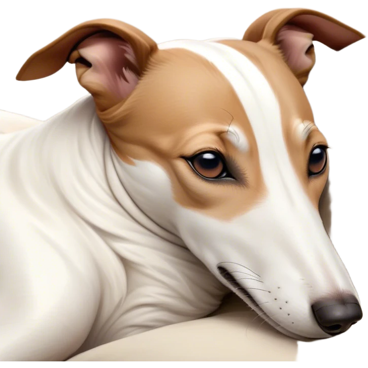 Meme-Worthy Cute Sleeping White and Brown Greyhound Portrait Emoji, Head resting peacefully with a contented smile, showcasing a lean, graceful build and a luxuriously smooth Fur of white with brown accents, eyes shut in a serene nap, Simplified yet hilariously adorable features, highly detailed, glowing with a soft, drowsy light, high shine, relaxed and utterly lovable, stylized with an air of playful laziness, bright and heartwarming, soft glowing outline, capturing the essence of a comically sleepy racer, so meme-worthy it feels like it could instantly become the next viral sensation of adorable slumber! emoji