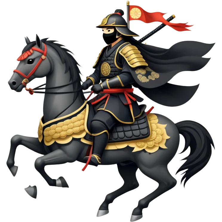 clash-of-clans-aesthetic_-cinematic-fearsome-and-majestic-samurai-bust-portrait-emoji, rendered in a flat, vector-style with minimal shading and bold, simplified shapes typical of emoji art, depicting a battle-hardened samurai with black mask and traditional black Japanese armor. The samurai is riding a noble grey warhorse adorned with an intricately designed saddle and fluttering banners and a rising sun. a samurai riding on a  horse emoji