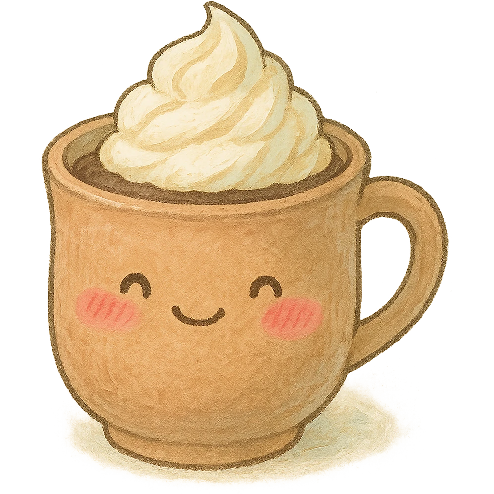 a cup of cocoa with whipped cream, Japanese soft pastel hand-drawn style, full object, transparent background, with blushing cheeks emoji