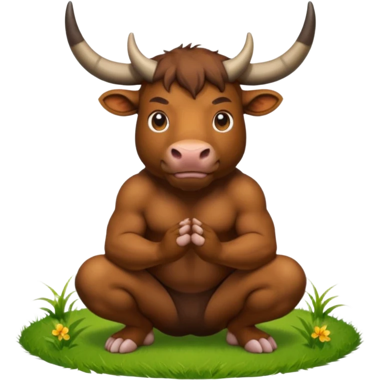 Bull with horns squatting while brown substance lays on grass behind him, between his legs emoji