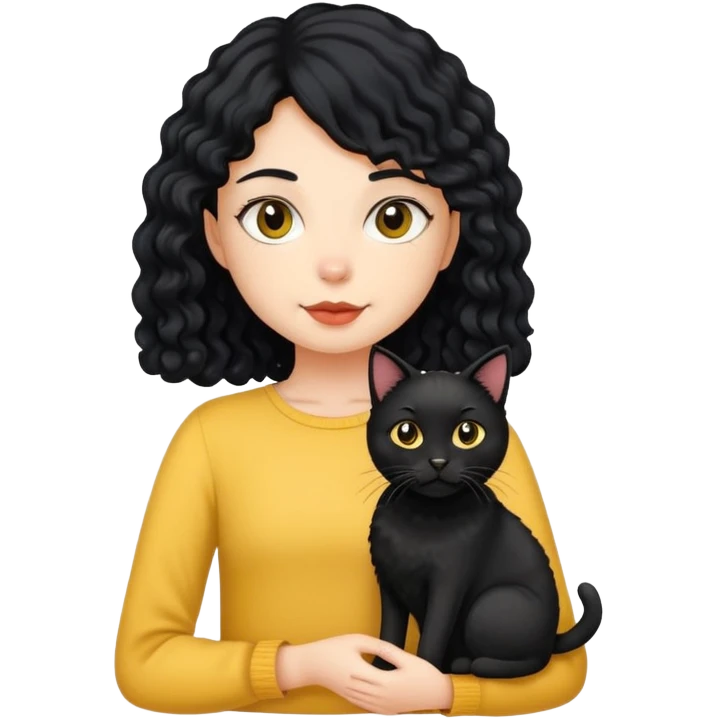 A girl with long black hair is holding a black cat, a yellow short-haired cat, and a curly-haired dog emoji