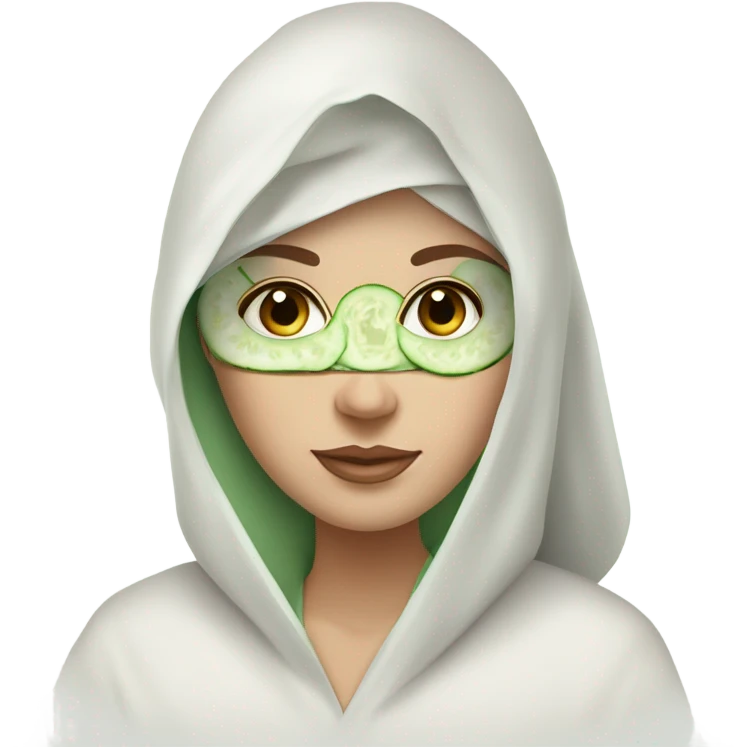 White girl with Brown hair and blue eyes wears a Green clay colored skincare textured mask and puts on cucumbers around her eyes while She relaxes in her white Robe emoji