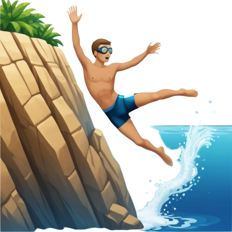 The background features rugged cliffs, clear blue water, and a bright sky, emphasizing the excitement and danger of the sport with a sense of freedom and adventure. A diver mid-air, plunging from a high cliff into the sparkling ocean below.  emoji