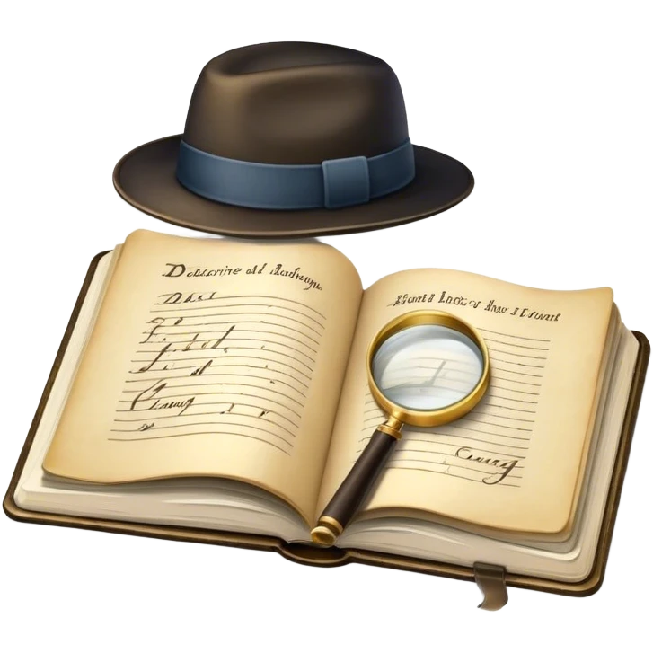 Icon for Detective Reading: an open book with text and a magnifying glass, a detective’s hat and a notebook with clues, surrounded by dark shadows and mysterious elements like footprints. Transparent background. emoji