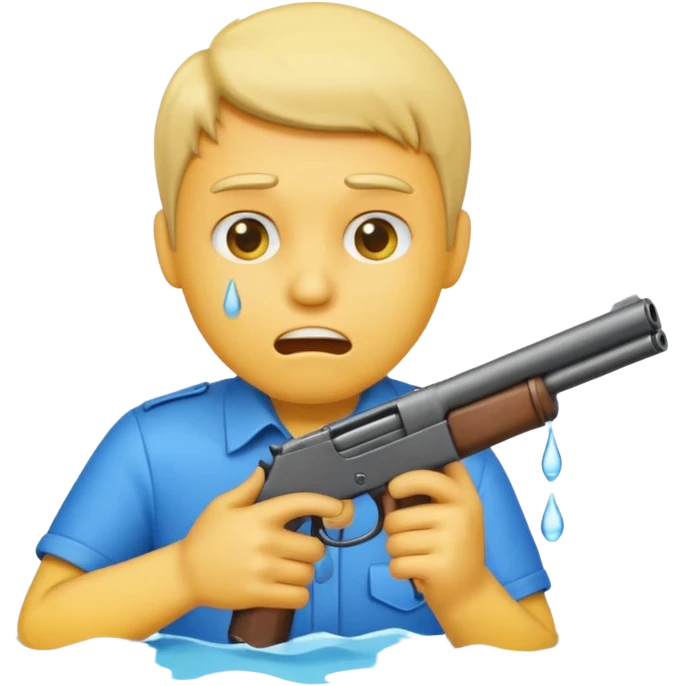 Make a yellow emoji of a guy holding a gun and the guns barrel is in his mouth while crying blue water emoji