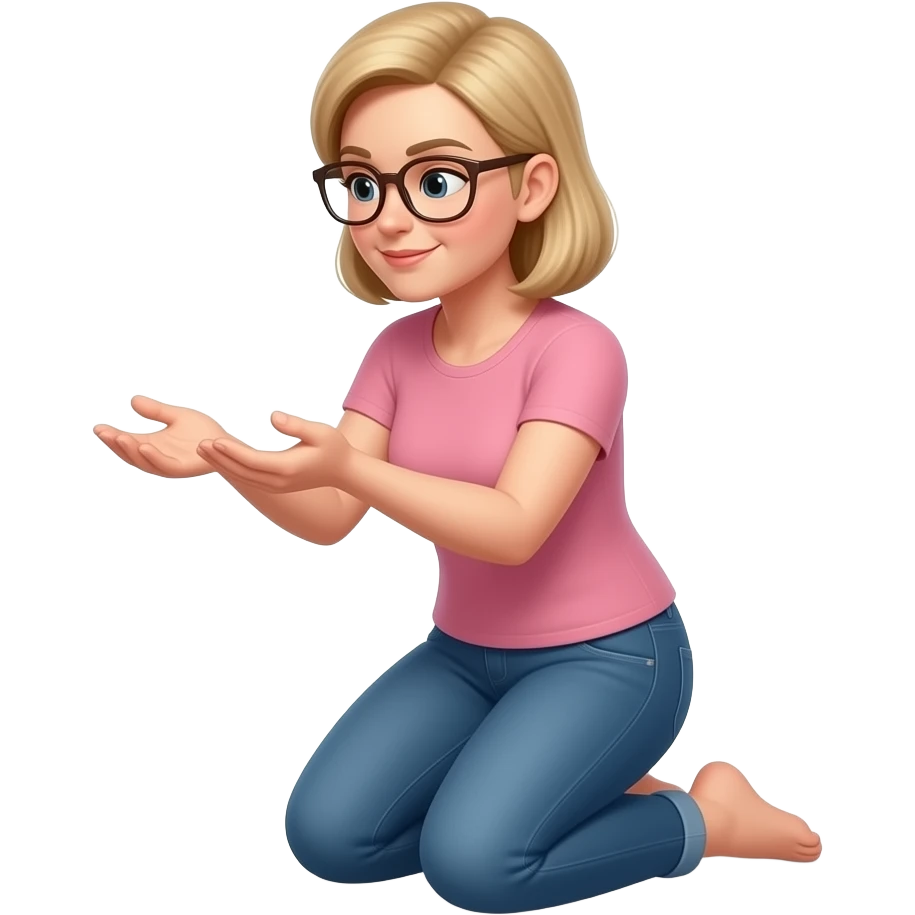 Die Frau 40 Jahre, Brille blondes haar .
Sie kniet auf beiden Knien.
Ihre Unterschenkel liegen nach hinten auf dem Boden.
Der Oberkörper ist aufrecht, 
Die Arme sind vor dem Körper, die Handflächen zeigen nach oben, als würde sie etwas anbieten,
Der Blick ist nach unten gerichtet emoji
