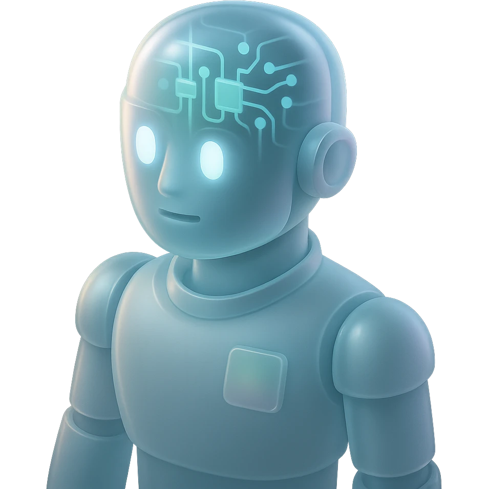 futuristic AI-Ambassador, robot with transparent head showing circuitry, soft pastel lights, approachable and modern in matte glass style emoji