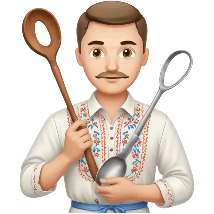 Ukrainian man in traditional white embroidered shirt holding a ladle and kitchen shears emoji