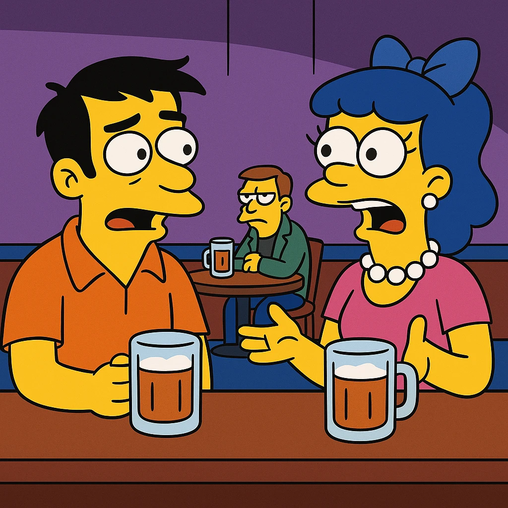 His voice sounded familiar, but I couldn’t remember where I knew him from. 2 person sitting ina bar, talking about a strange guy, sitting in a corner emoji