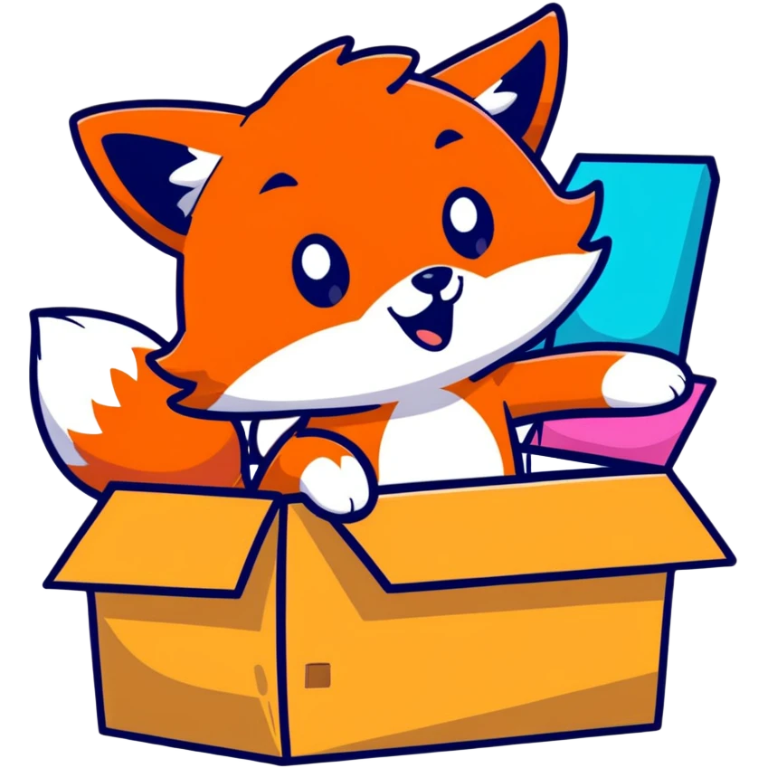 Mischievous fox playing in a colorful cardboard box, kids toy style emoji