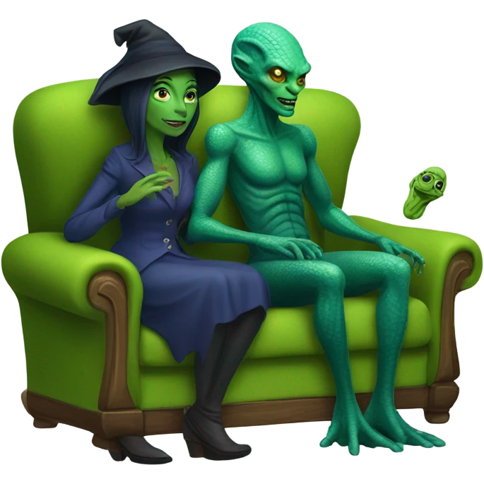 alien reptilian woman as witch, human man in blue, sitting on a couch  emoji