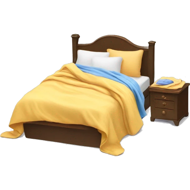 Messy bed with blanket hanging half off of bed and launfry sitting on bed emoji