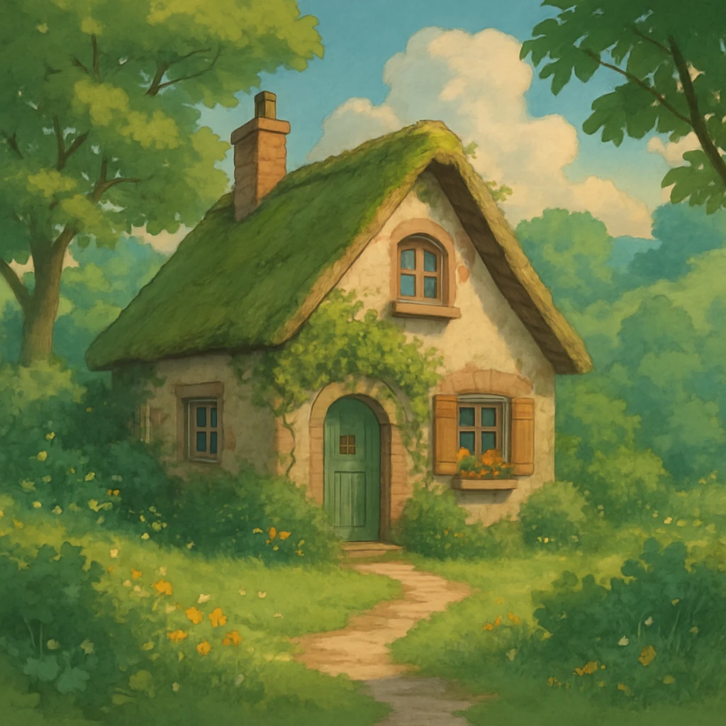 cozy cottage in a lush landscape with gentle lighting in ghibli style emoji