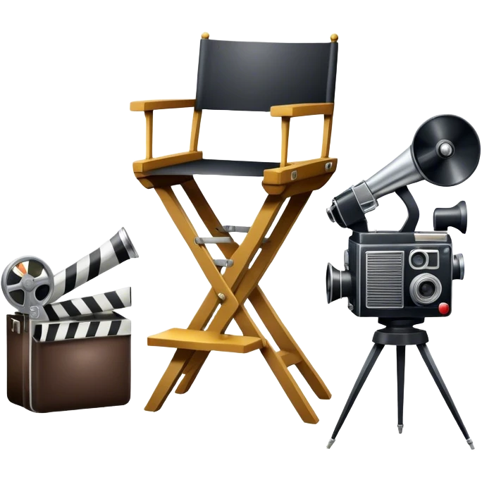 Professional icon for Directing: a collage featuring a director's chair, a film camera, a megaphone and an Oscar trophy. The icon should represent the craft and creativity of film directing, with emphasis on leadership and cinematic artistry. Transparent background. emoji