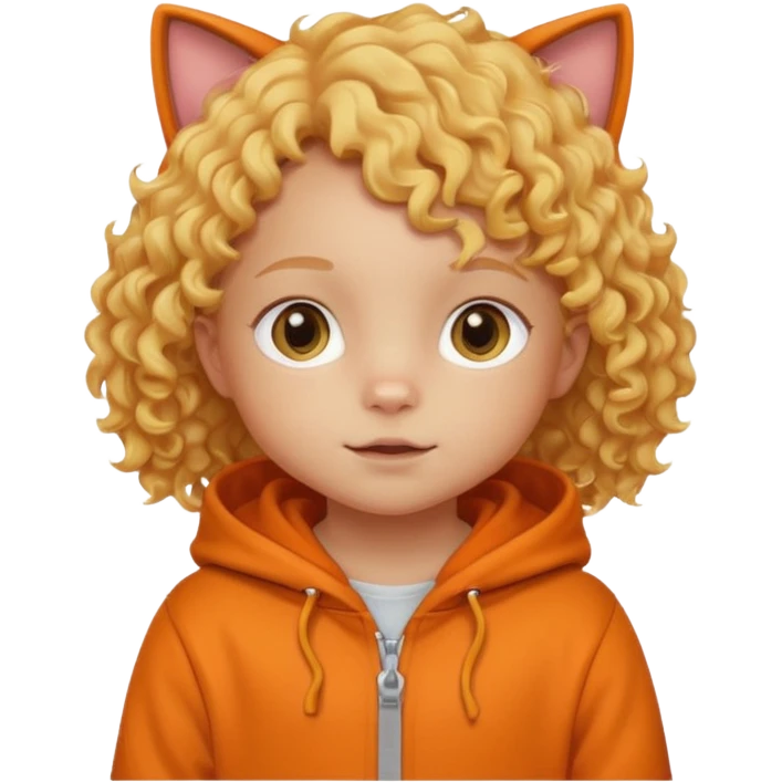 little kid Toddler in orange cat hoodie, curly blonde hair emoji