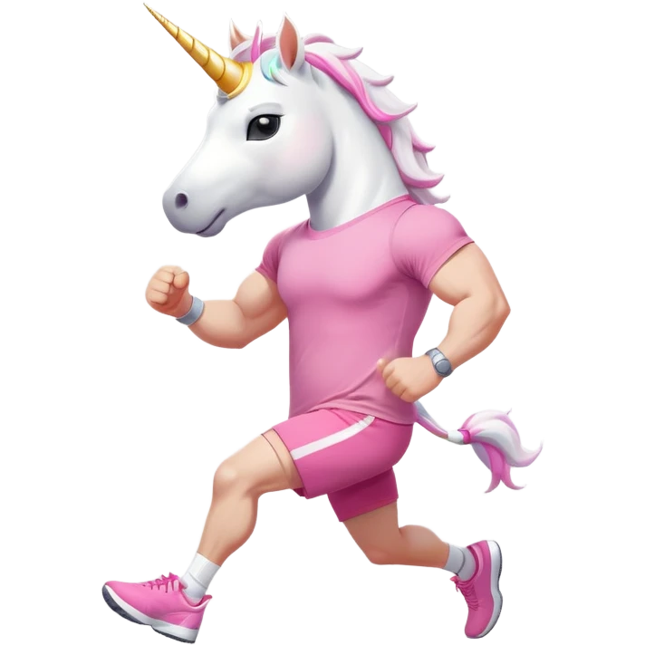 friendly anthropomorphised male white unicorn with a fit, chunky, muscular and strong physique, arms and legs matching the white of the head, in grey shorts and pink t-shirt, wearing dark sunglasses, jogging upright in a relaxed pose emoji