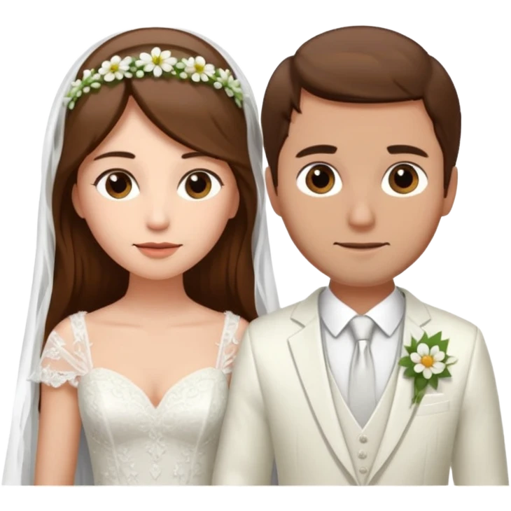 Woman with long brown hair and fair skin wearing a wedding dress and veil. And a man with short brown hair and fair skin wearing a white suit with a flower. emoji