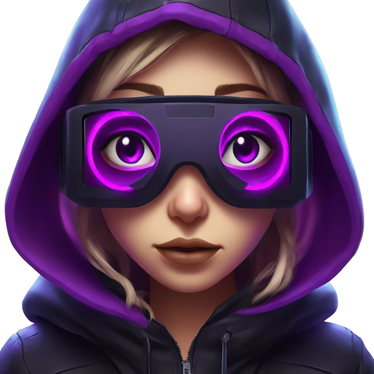 Russian girl wearing black hoody with violet letters "OMG", in vr headset. Cyberpunk style. Violet neon. emoji