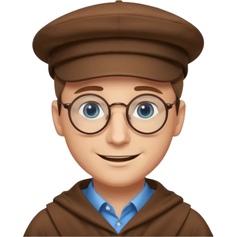 A man with sharp and thin face, brown round glasses, a brown hat and a brown costume (shoulders only), with blue eyes and a large smile on his face. emoji