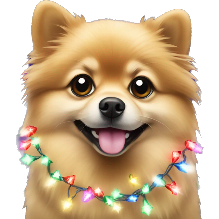 A Pomeranian wrapped in Christmas lights emoji