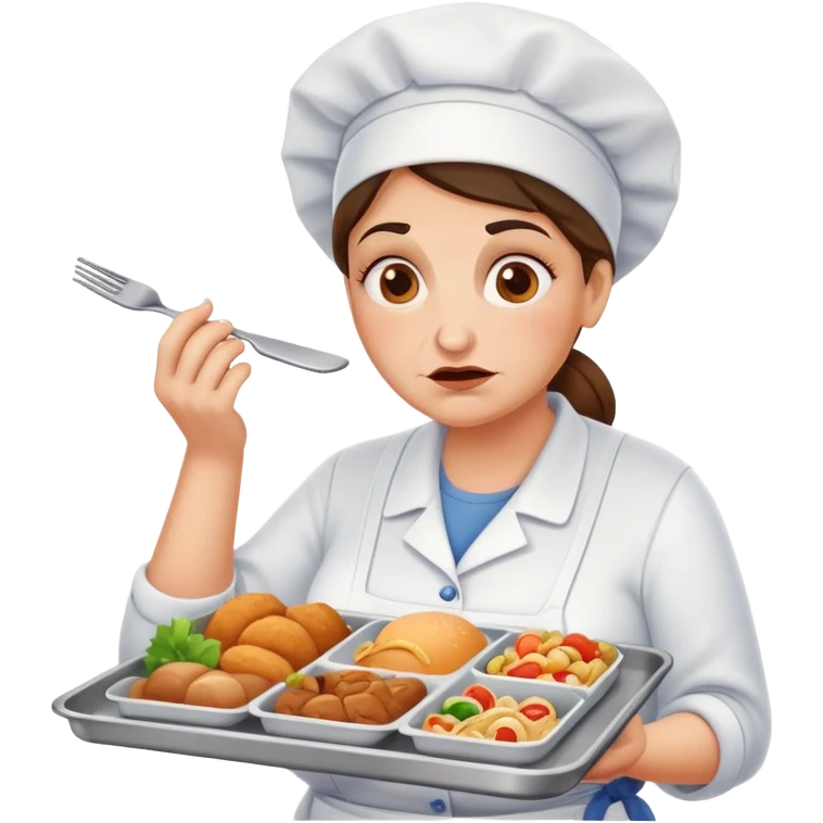 lunch lady with a tray of unappetizing food, exaggerated disgusted face emoji