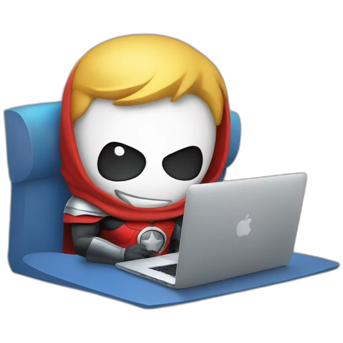 superhero with a rocket emblem sitting in front of his macbook emoji