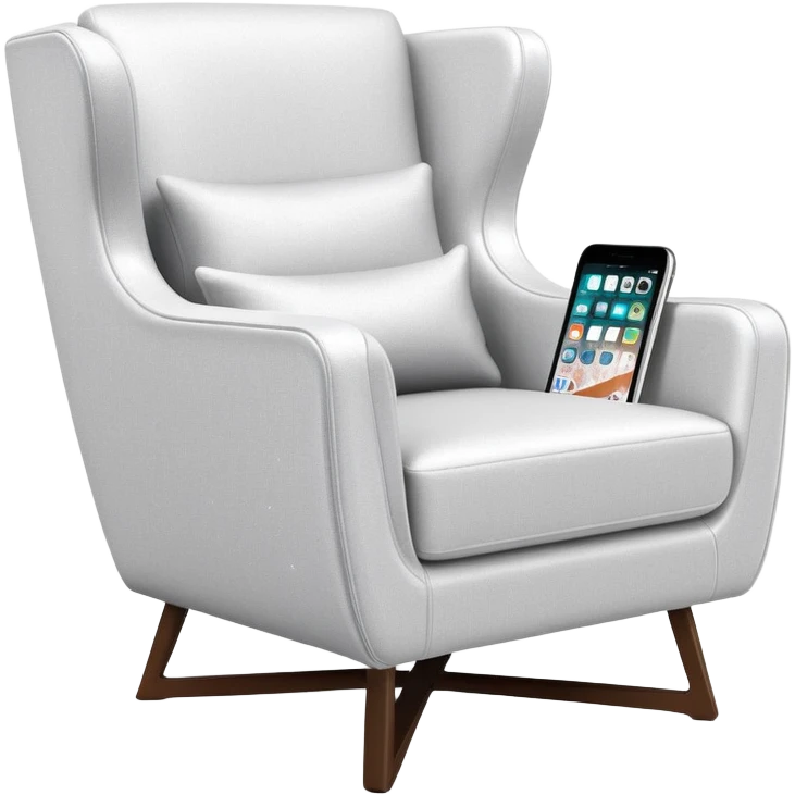 angled smartphone in foreground with clear display of an armchair product page on the screen, with sparkle on the left side emoji