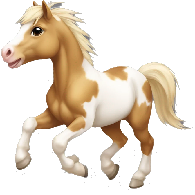 Scruffy Piebald tricolor palomino yellow brown pony with dark brown spots galloping running emoji