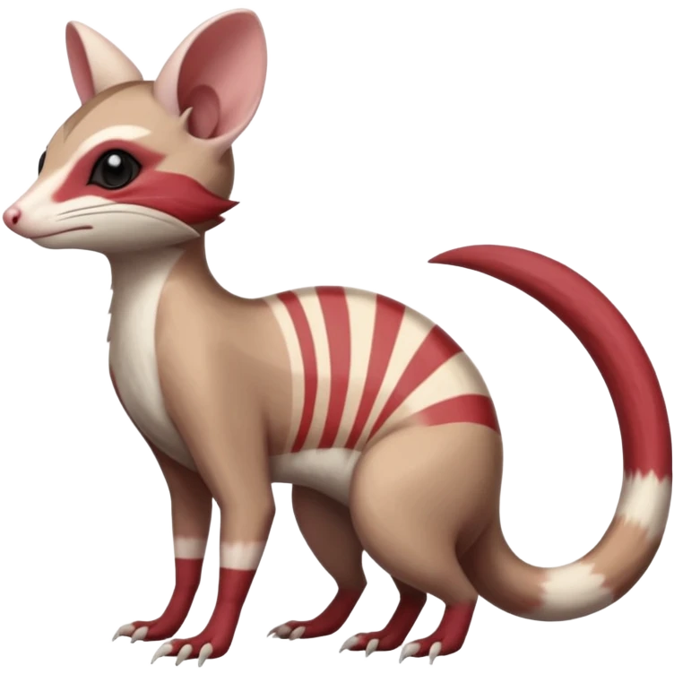 Minccino-Opossum-Numbat-Sphynx-Zangoose-fusion-hybrid-animal-Fakémon-creature, full body, thin long sleek scaly tail, intricate markings emoji