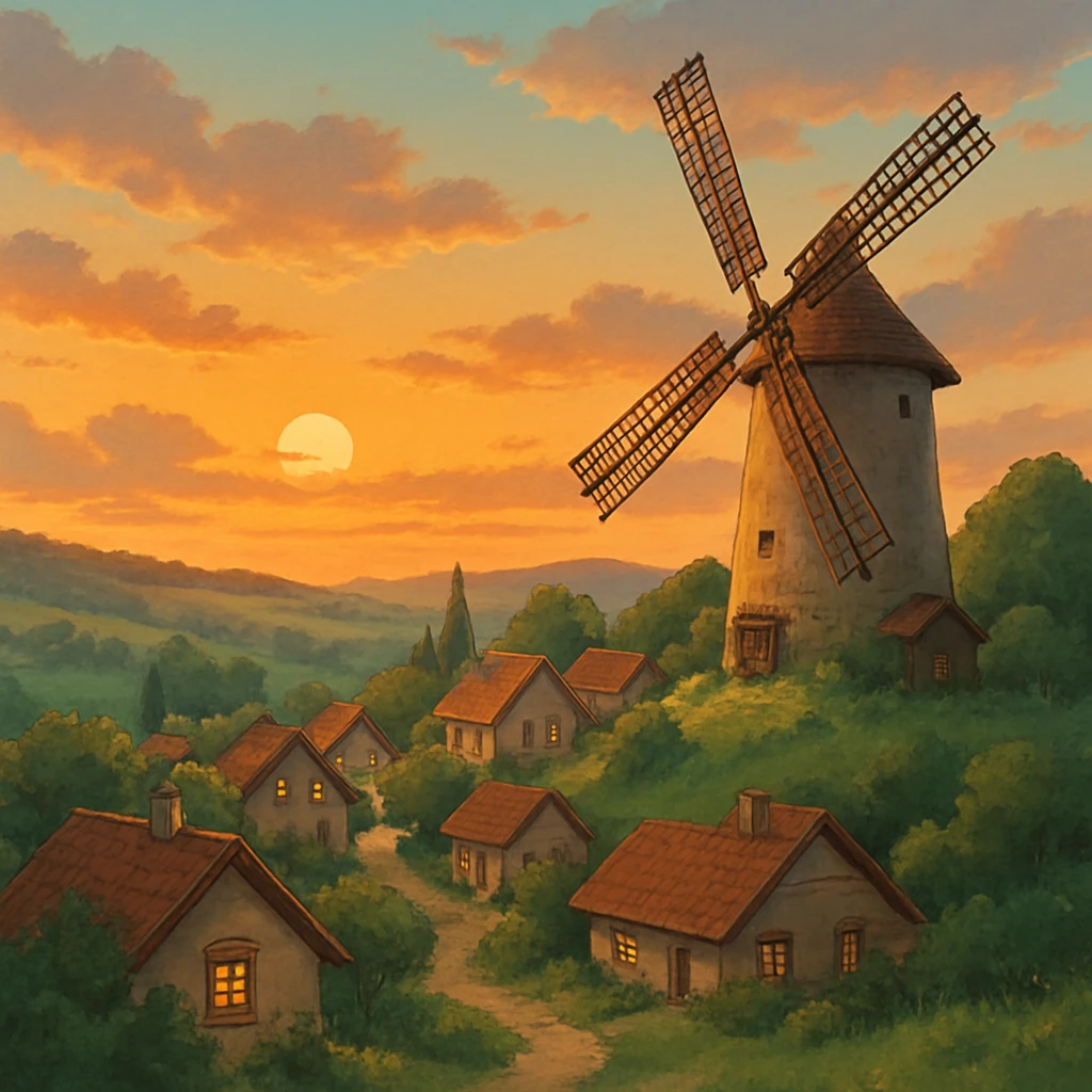 Windmill turning slowly in a quiet hill village at sunset. emoji