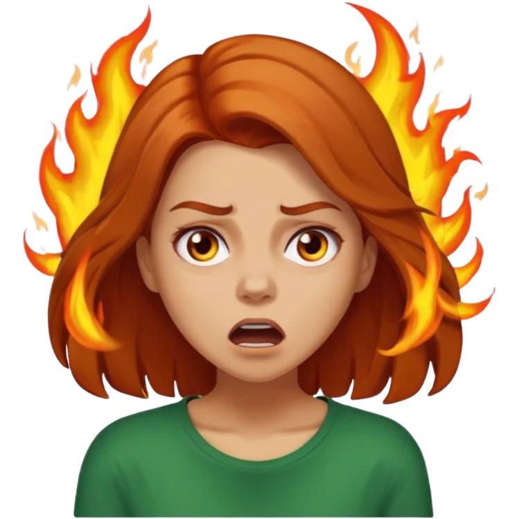 Woman with hair on fire looking stressed and panicked with brown shoulder length hair—longer hair please and light skin—an Irish gal emoji